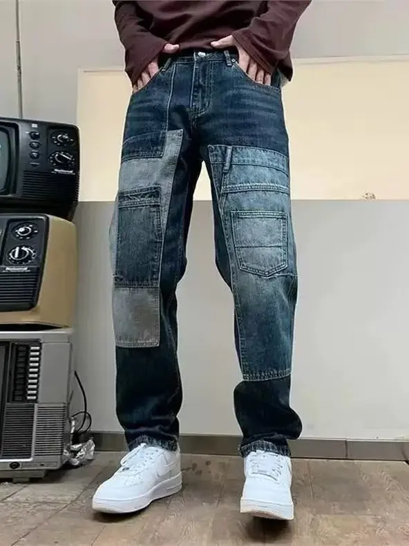 

Retro Washed Patchwork Color Block Multi Pocket Workwear Jeans Men's Slim Fit Straight Leg Casual Denim Trousers Trendy Brand