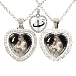 Virgin Mary And Baby Jesus Christian Catholicism Art 360 Degree Rotating Peach Heart Glass Pendant Necklace Jewelry Gift