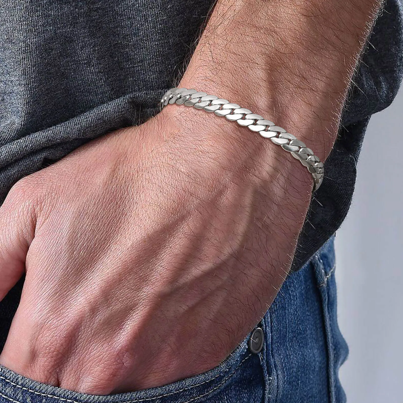 Płaskie kubańskie bransoletki łańcuszkowe dla mężczyzn chłopców, regulowane ogniwa łańcuszka ze stali nierdzewnej opaska na nadgarstek, stylowe akcesoria męskie biżuteria prezenty