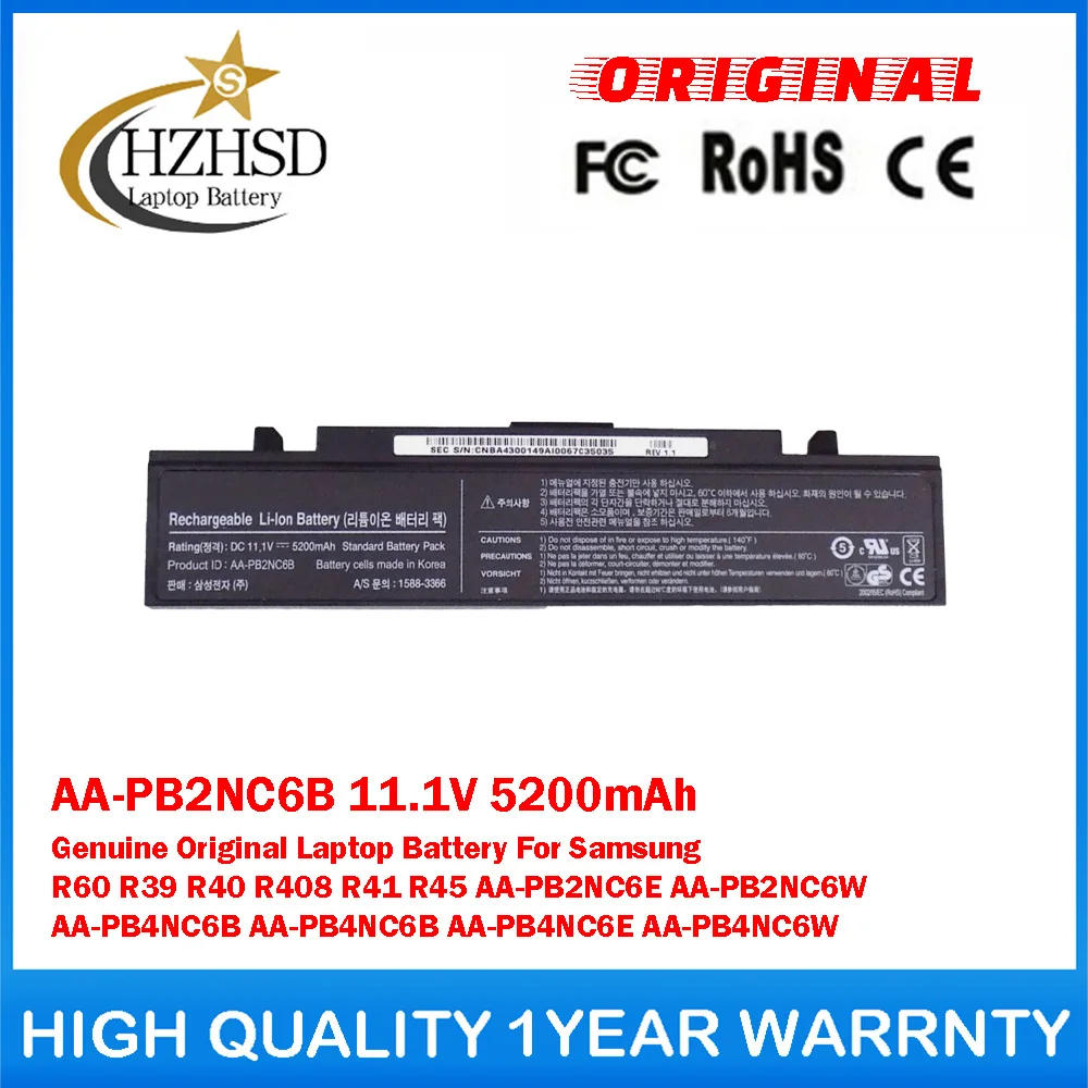 AA-PB2NC6B 11.1V 5200mAh Genuine Original Laptop Battery For Samsung R60 R39 R40 R408 R41 R45 AA-PB2NC6E AA-PB2NC6W AA-PB4NC6B