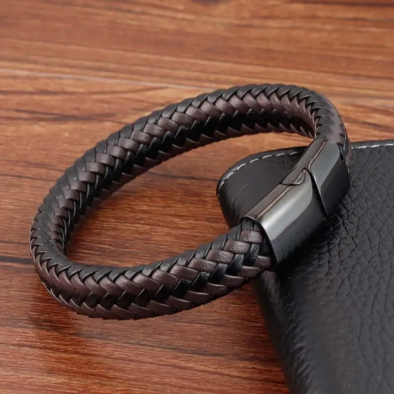 Fashion Punk Men Bracelets Black Brown Braided Leather Bracelet Stainless Steel Magnetic Clasp Bangles Male Female Jewelry Gift