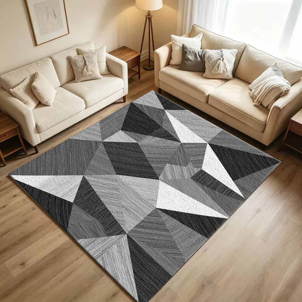 Monochrome Sketch Triangle Geometric Carpet Flooring Hand Drawn Black White Grey Polygon Texture Printed Floor Rug for Household Indoor Home Decoration