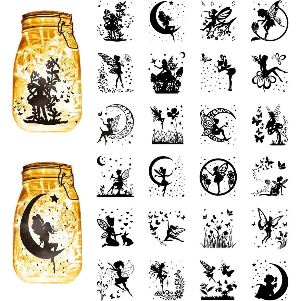 24Pcs Fairy Silhouettes Mason Jar Decor Lantern Laser Cutouts Ornaments Plastic Scrapbook Embellishment Black 3.9x3.5Inch