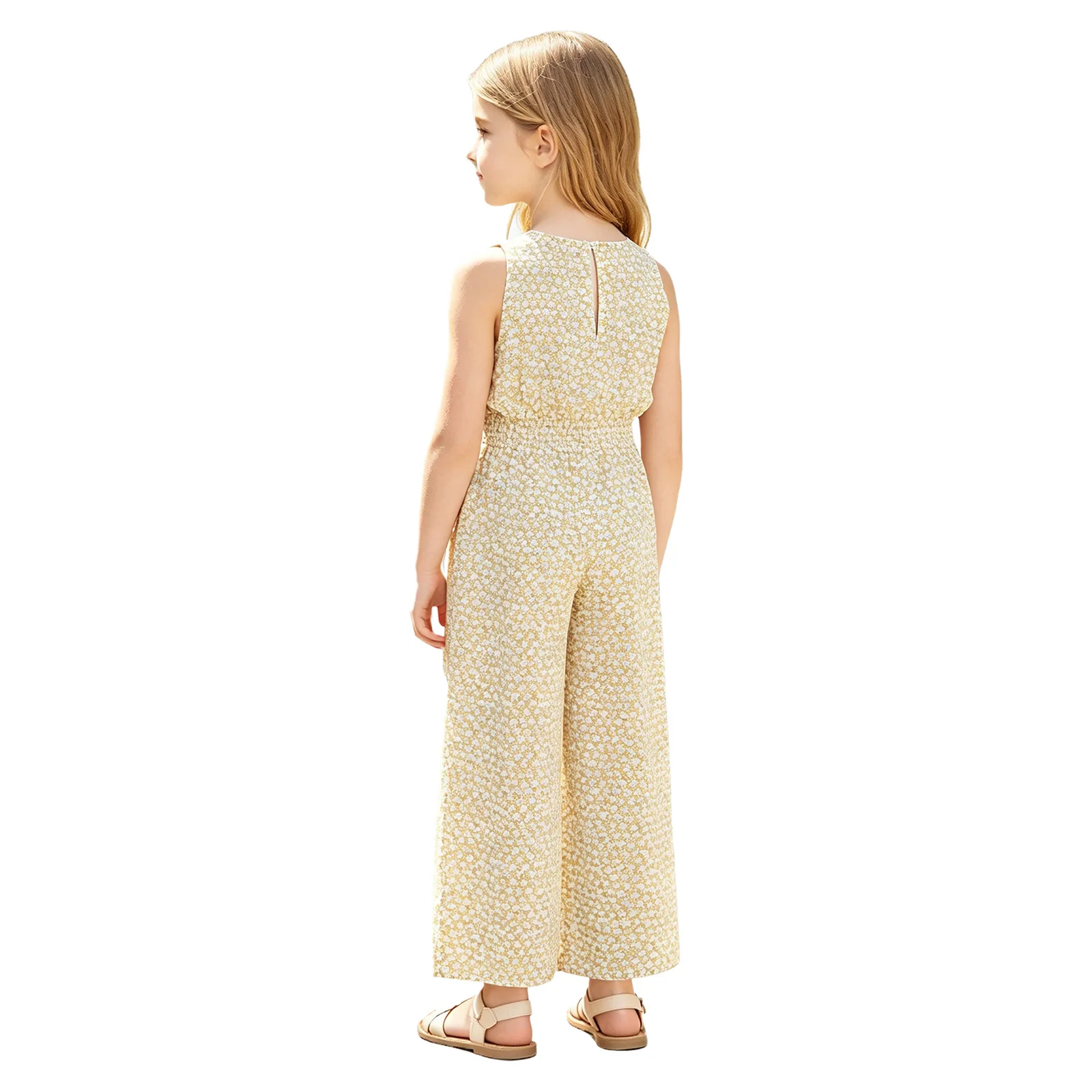 Kids Girls Floral Print Tank Top Jumpsuit Sleeveless Drawstring Bodysuit Wide-leg Rompers for Vacation Beach Park Picnic