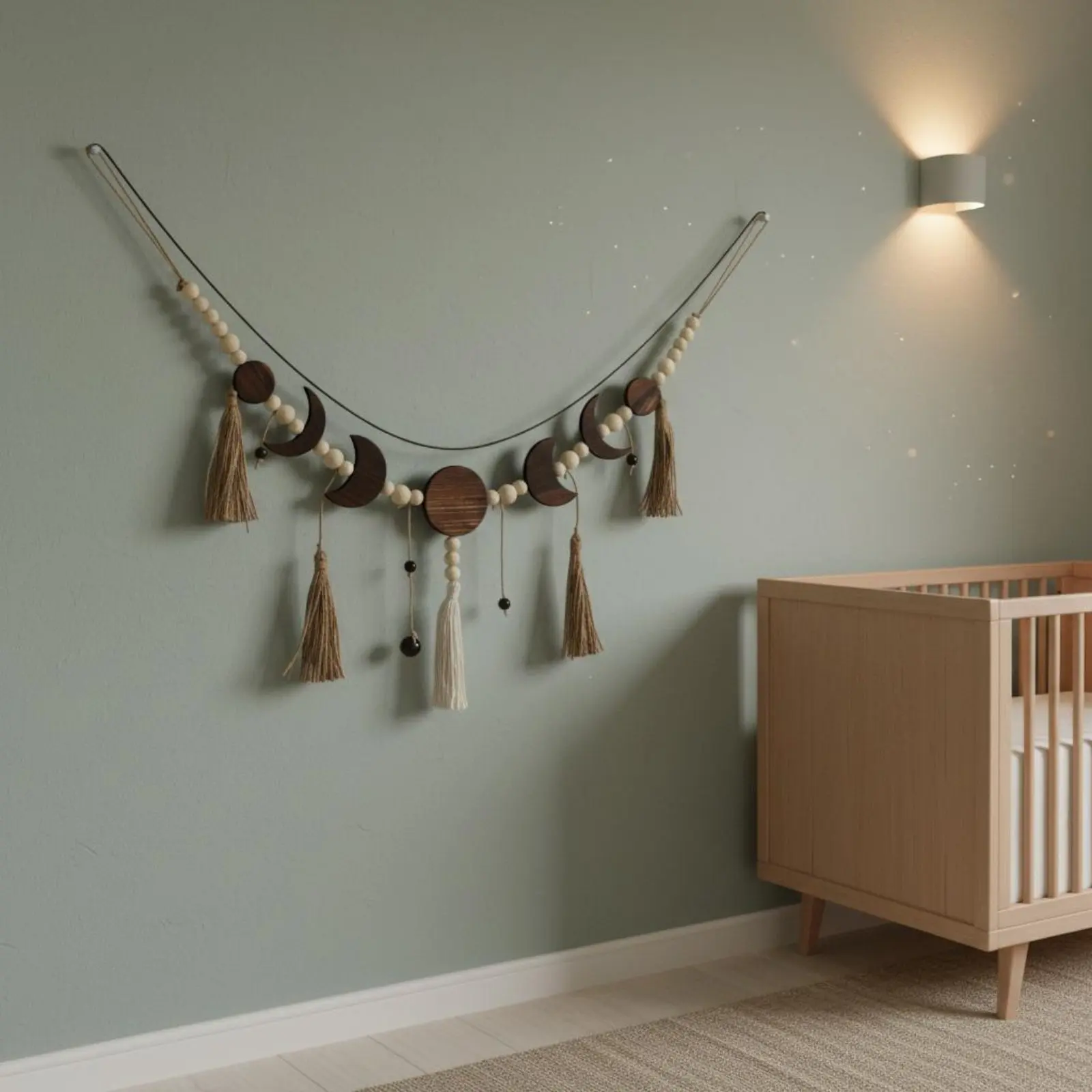 Tapiz de Macramé con Forma de Luna, Hecho a Mano, Decoración Boho con Acentos de Madera para Sala de Estar, Idea de Regalo