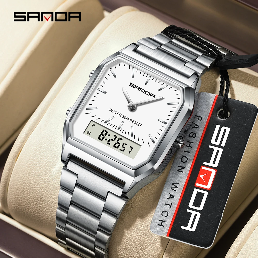 SANDA 747 Women Quartz Digital Watches Waterproof Casual Fashion Watch Wear-Resistant Stainless Steel Strap Couple Squar Watches