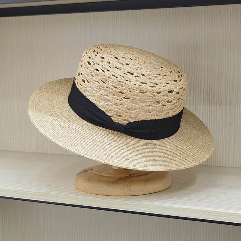 TOMKHU-Chapeau de paille à bords larges pour femme, haut plat, Lafite, nouveau, printemps, été, accessoires de ruban, chapeau de soleil creux,