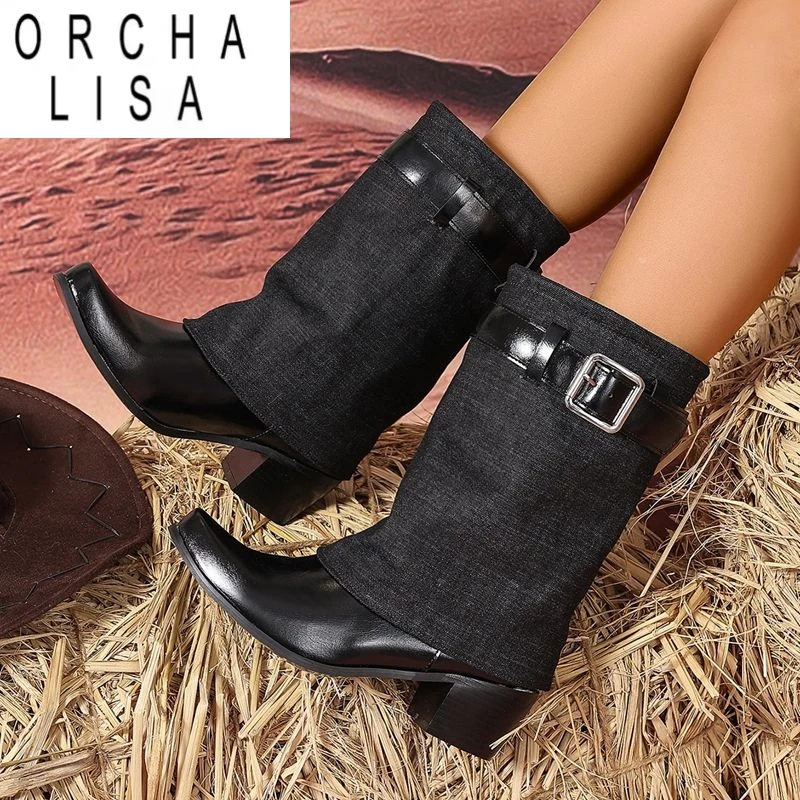 

ORCHA LISA Повседневные женские ботинки с квадратным носком и блочным каблуком без шнуровки с пряжкой на ремне, большие размеры 44 45 46 Mixed Coolor Повседневные ботинки до середины икры