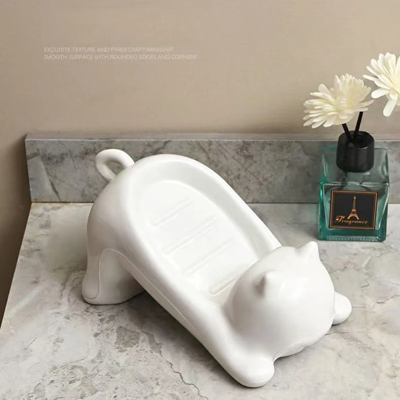 かわいい猫の排水石鹸ホルダー、滑らかなプラスチック製のトイレ石鹸皿、ケーストレイ、家庭用バスルームアクセサリー、洗面所ツール、1個、2個