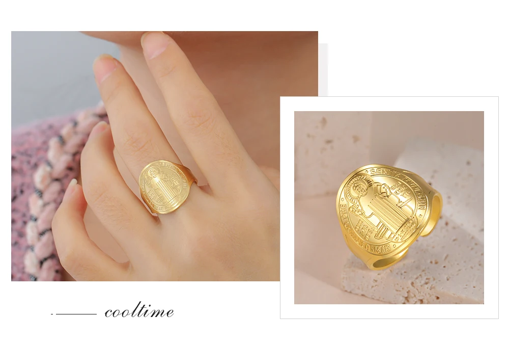 COOLTIME Saint Benedict Medaille Herren Ring Edelstahl Sentia Katholisches Medaillon Fingerring Amulett Schmuck Geschenk – Detail 11