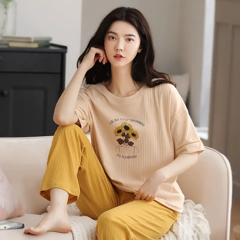 

Summertime Pure Cotton Trousers Large Size Pajamas Female Korean Version Loose Loungewear Can Be Worn Outside Half Sleeve Thin