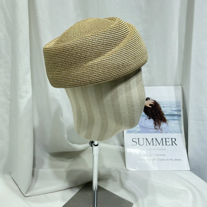Women Straw Cap Summer French Beret Hat Woven Sun Hat Church Derby Party Fedoras Hostesses Pillbox Hat Millinery Fascinator Base