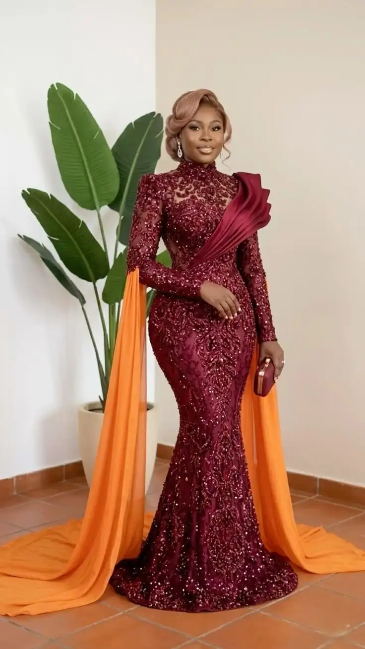 Elegant Burgundy Lace Formal Evening Dresses For African Women Long Sleeves High Neck Prom Party Gowns Cusotmized 2027