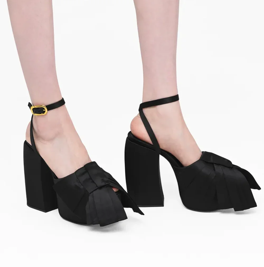 Elegant Rose Floral Printed Platform Sandals Pleated Bow Square‑Toe Chunky Block Heel Adjustable Ankle Buckle Strap Sandals