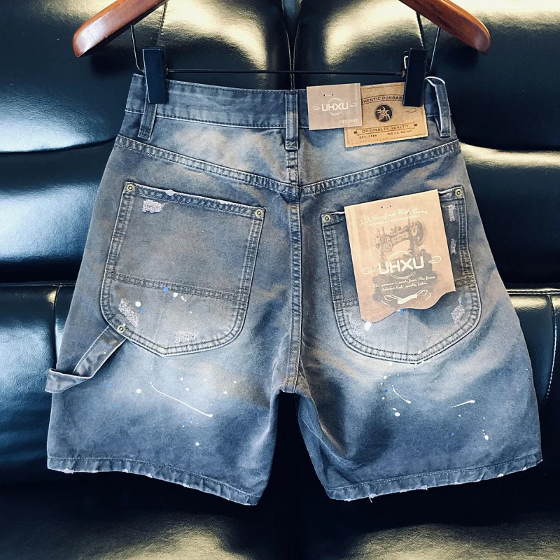 Men's Denim Shorts 2026 Summer Vintage Gray Washed, Ripped, Heavy Workwear, Versatile, American Street Style, Daily Casual Pants