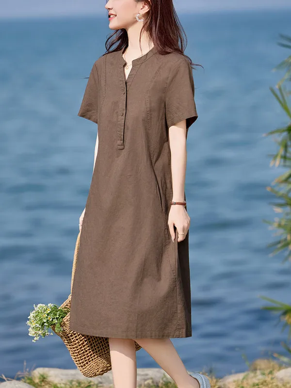 Summer Linen Cotton Casual Loose Women's Dress Artistic Vintage Style High Waist A-Line Skirt Breathable Comfortable Fit Dress