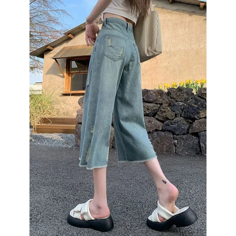 Ripped High Waist Retro Jeans Women's Korean Style Cropped Straight Pants Trend Clothing Aesthetic Wide Woman Baggy Clothes Y2k