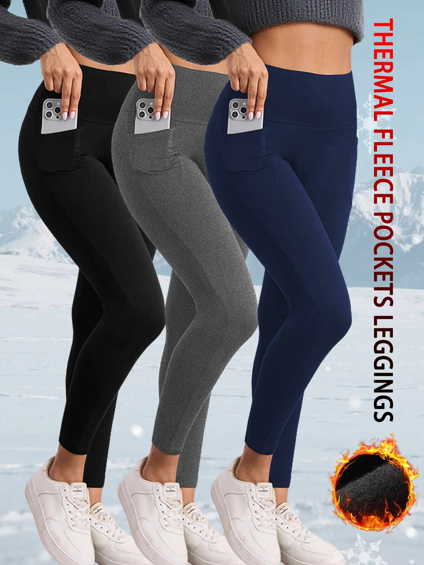 

Комплект из 3 женских леггинсов на термофлисовой подкладке с высокой талией и карманами, зимние теплые толстые колготки для тренировок, мягкие брюки для бега для йоги