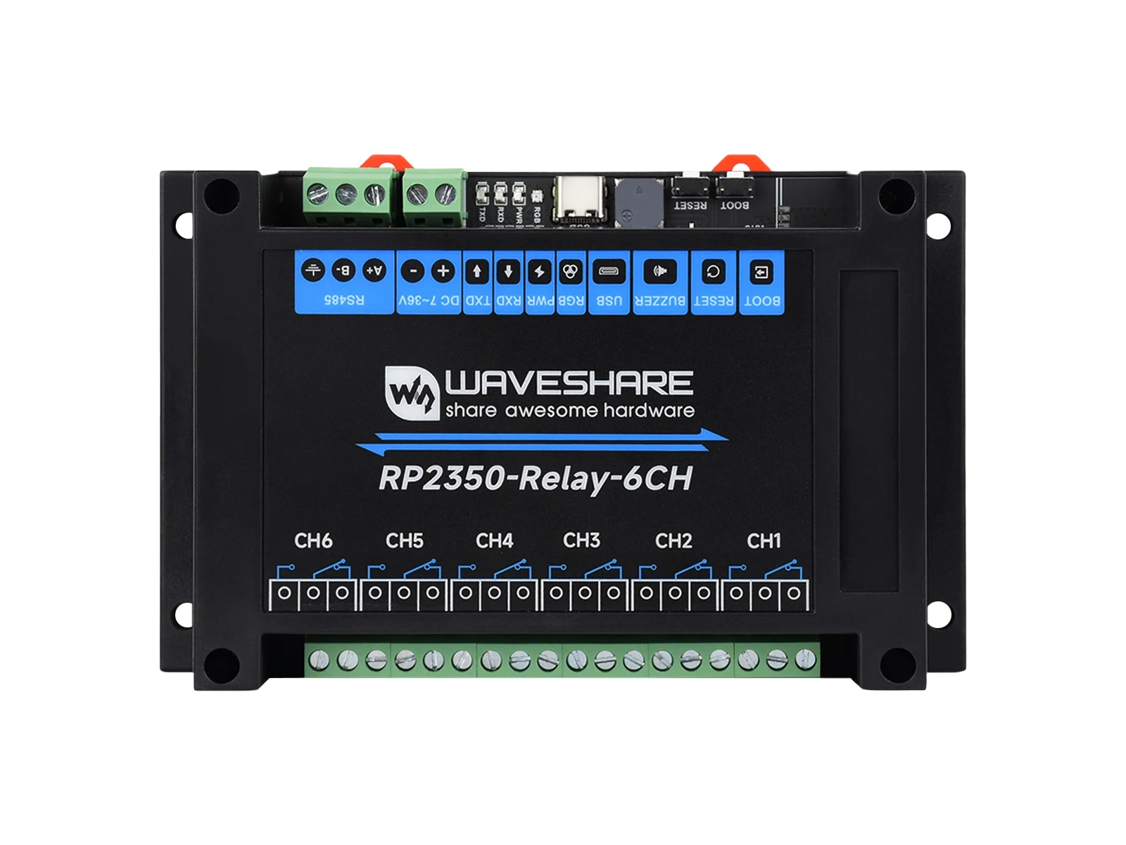 

Промышленный 6-канальный релейный модуль Waveshare RP2350, с несколькими схемами защиты от изоляции Встроенный интерфейс RS485/Pico HAT