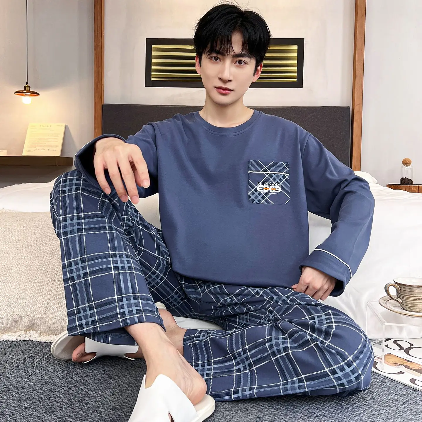 

2026 Spring Autumn Long Sleeve Pajama Sets for Men Korean Casual Plaid Sleepwear Pyjama Suit Women Homewear Home Clothes Outfits