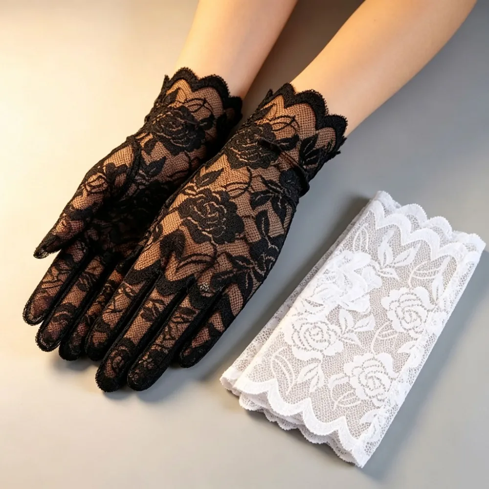 Women Elegant Fingerless Lace Bridal Gloves Black White Pink Sunscreen Mittens for Wedding Party Prom Girls Decorative Handwear