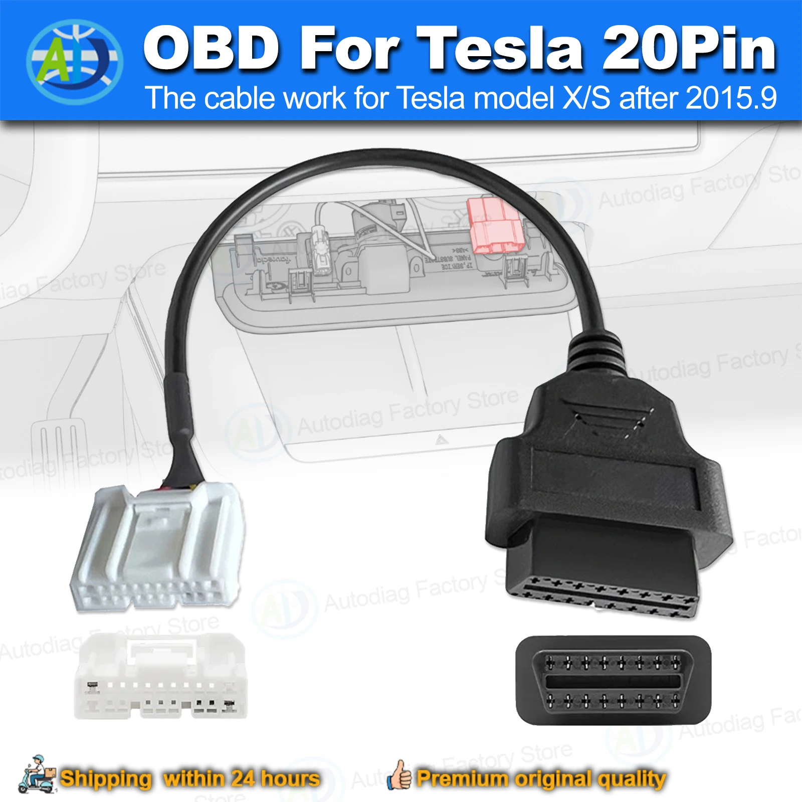 OBD2 Connector for Tesla Model X S 2016-2022 20Pin to OBDII Diagnostic Adapter Cable OBD2 Diagnostic Harness for Tesla Model X S