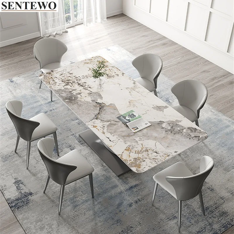 SENTEWO Luxury Rock Slab Dining Room Table With 8 Chairs Titanium Grey Base Faux Marble Tables Chair Home Furniture Masa Tablo