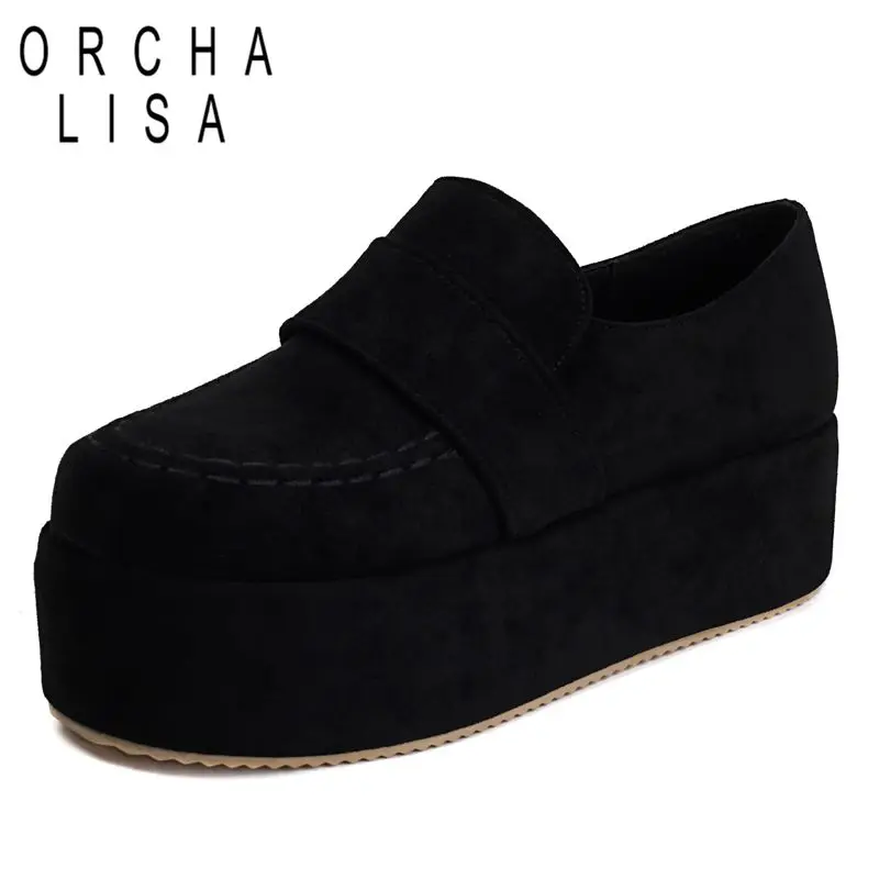 

ORCHA LISA 2025 Женские туфли-лодочки для отдыха из флока, замши, с круглым носком, на толстом каблуке 5 см, на платформе Hill, большие размеры 43 44 45, повседневная обувь без шнуровки