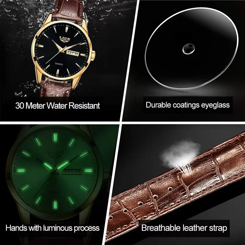 LIGE Orologi alla moda da uomo Orologio al quarzo di lusso delle migliori marche Cinturino in pelle da uomo Orologio da polso da uomo casual da lavoro impermeabile