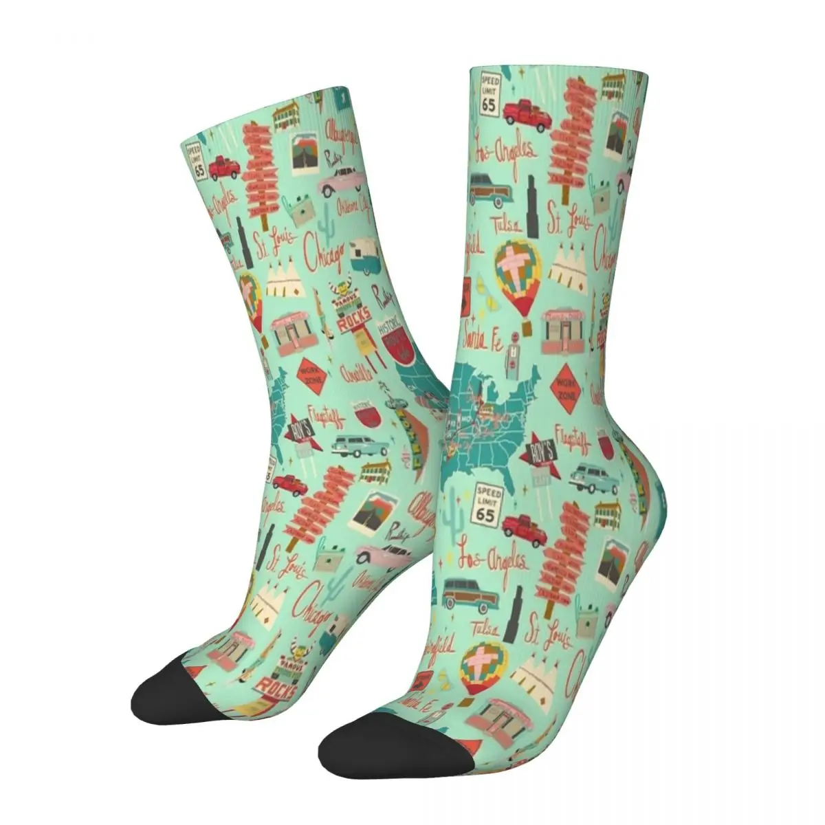 Happy Funny Male Men Socks Crazy Route 66 Vintage Road Trip Aqua Sock Graphic Women's Sock Spring Summer Autumn Winter