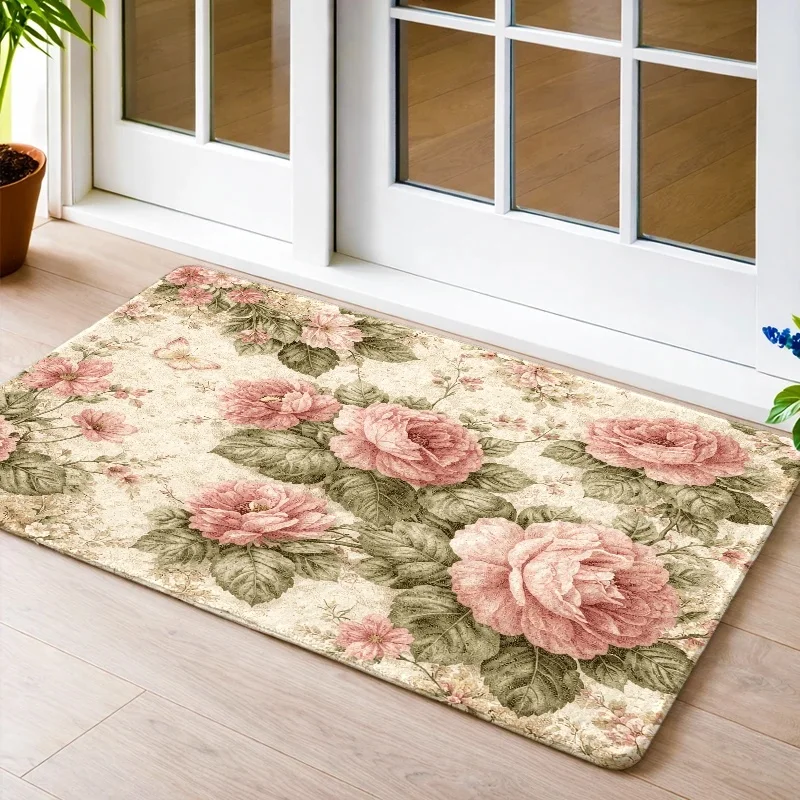 1pc, 2pcs, 3pcs Vintage Rose Printed Flannel Doormat, Durable & Stain - Resistant, Machine - Washable. Suitable for Bedroom, Living Room, Bathroom, Kitchen