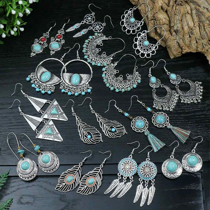 53 Styles Bohemian Vintage Tibetan Silver Geometric Drop Earrings For Women Ethnic Blue Stone Tassel Dangle Earrings Jewelry