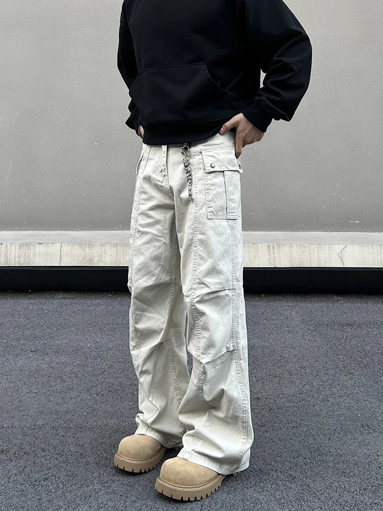 

American Retro Cleanfit Men's Summer Thin Loose Straight Multket Flared Casual Long Pants Workwear Trousers Straight Leg