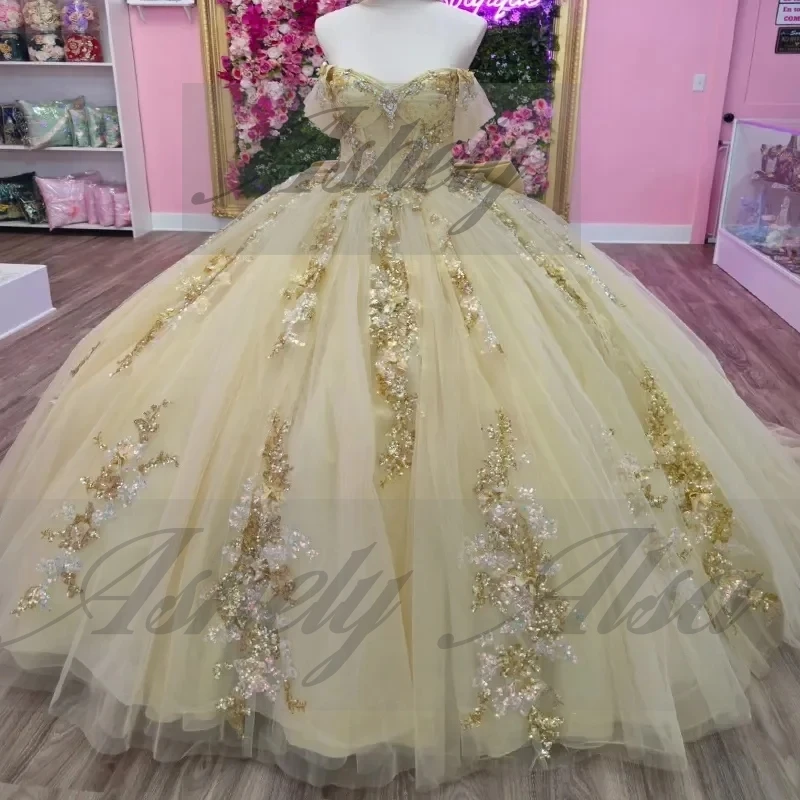 A32821 Luxuriöses mexikanisches Frauen-Geburtstagspartykleid für besondere Anlässe, Blumenapplikation, Schleife, geschwollener Abschlussball, Quinceanera, individuell gestaltet
