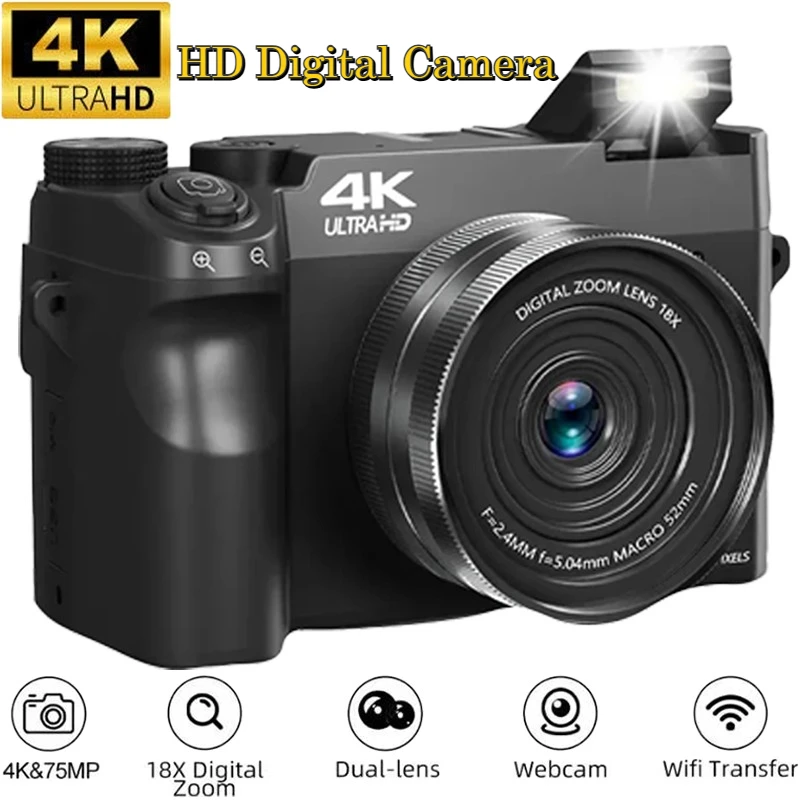 4K HD Digital Camcorder Dual Cameras 75MP 18X Zoom 3.0-inch Screen AF Autofocus Anti-Shake with Flashlight For Photography