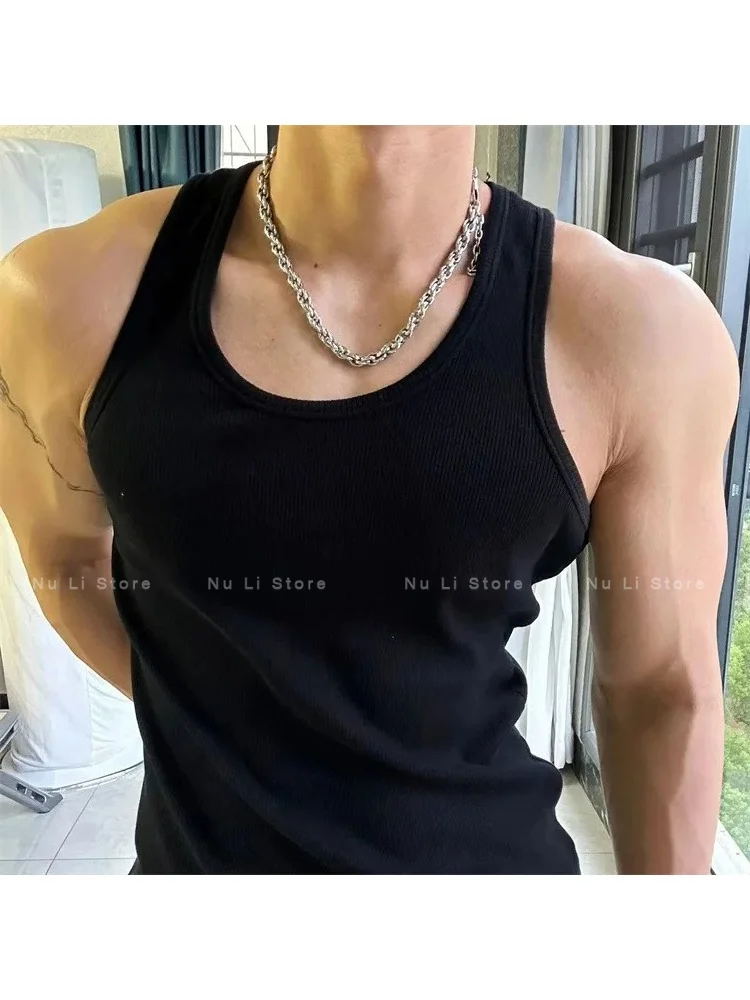 American Style Heavyweight Ribbed Men's Vest White Base T-Shirt Sleeveless Shoulder Pad Tight Elastic Fitness Sport Vest