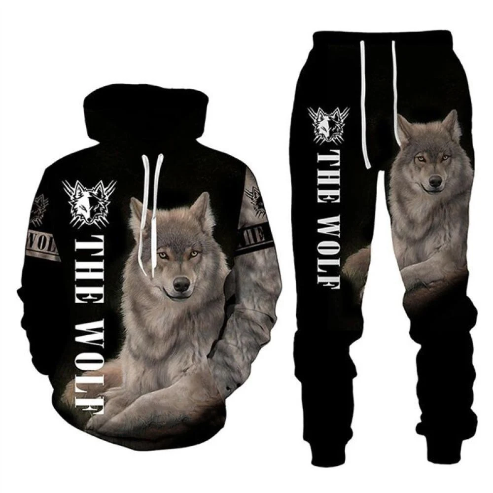 Lobo animal impressão 3d hoodies calças conjunto masculino outono moletom moletom rua sportwear duas peças ternos agasalho homem roupas