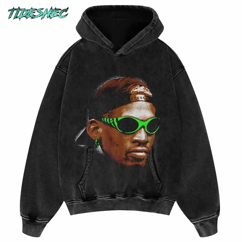 Vintage Black Hoodie Streetwear Hip Hop Portrait Head Print Punk Goth Pullover 2024 Harajuku Hooded Sweatshirt