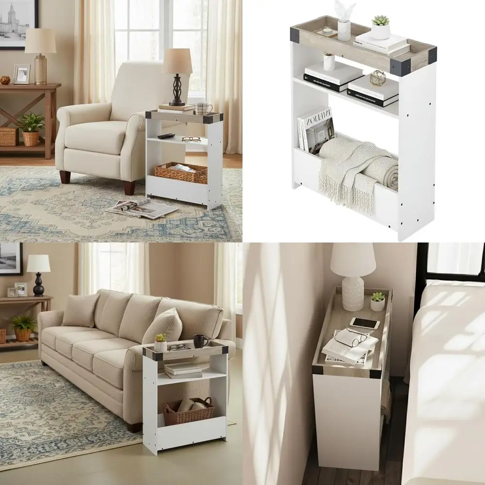 

Узкий приставной столик в стиле фермерского дома из дуба и белого дерева с подносом, полкой для хранения и держателем для журналов для небольших помещений