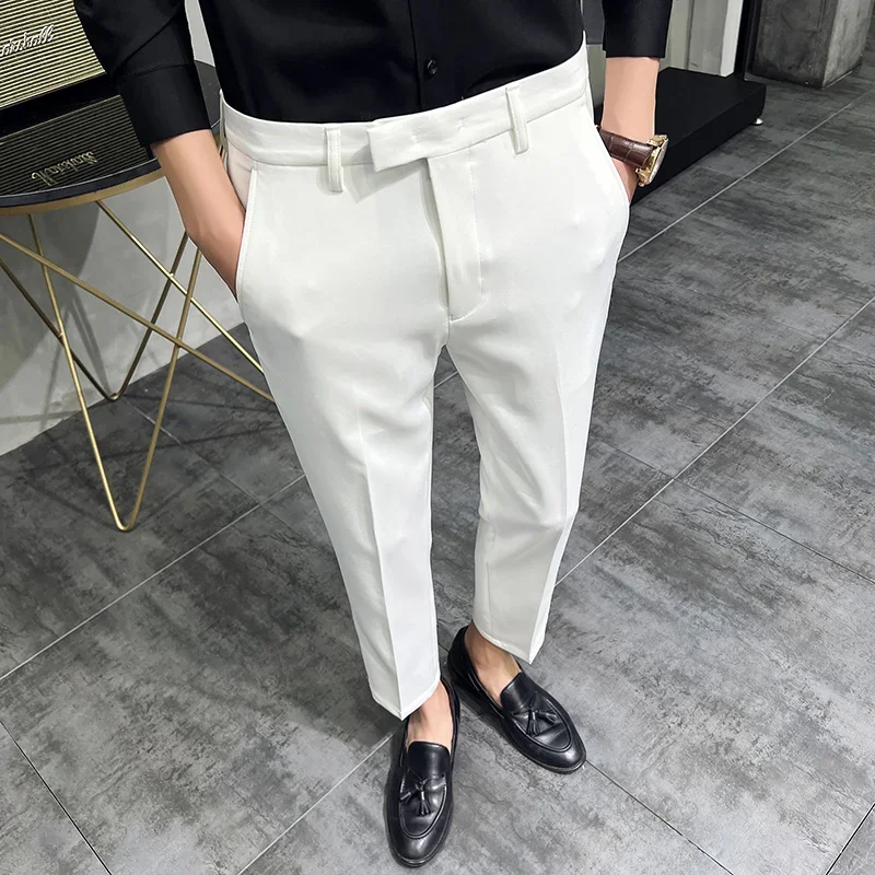 2023 Summer Fashion Mens Dark Green Suit Pants Pure Color Business Occupation Slim Fit Dress Office Ankle Trousers