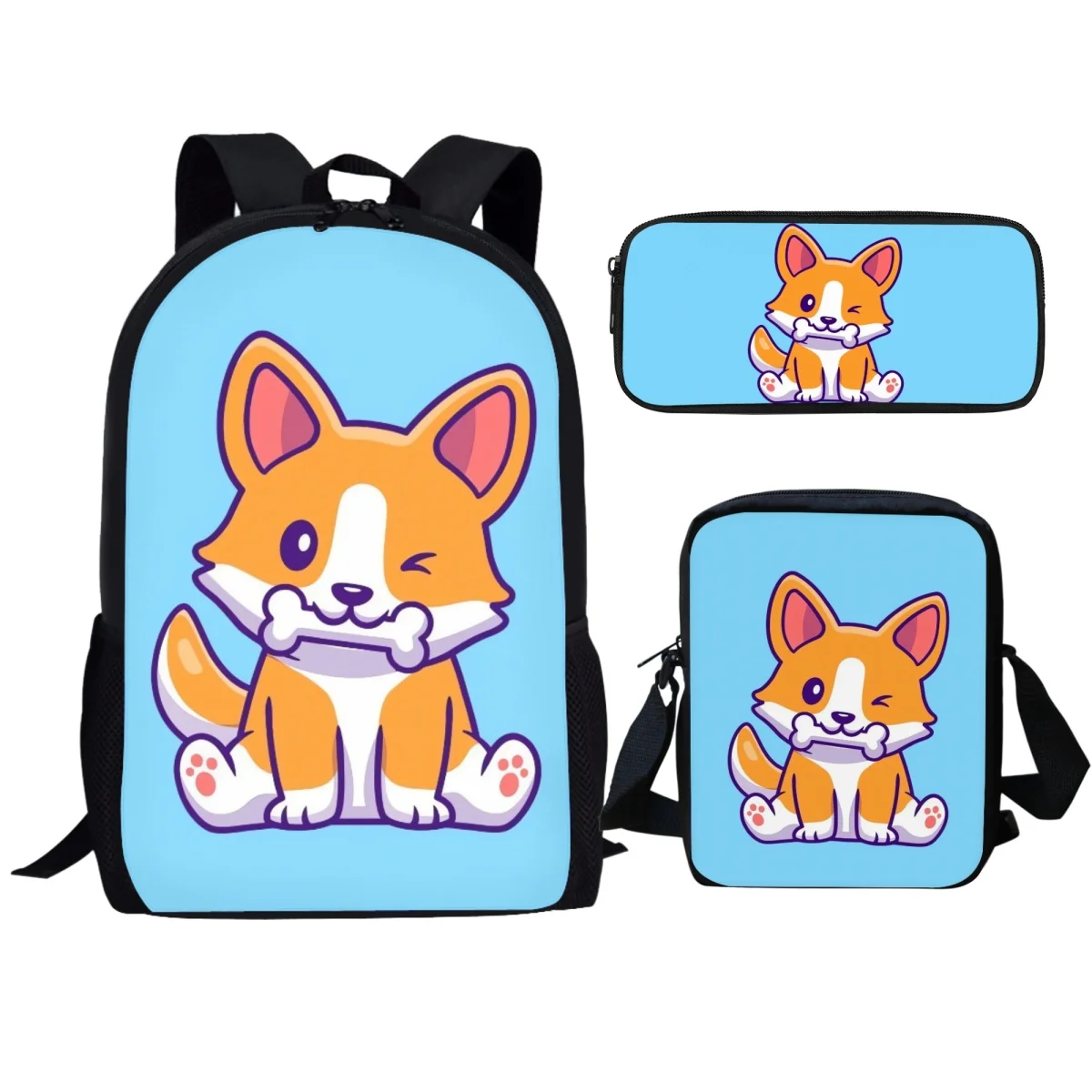 Cute Corgi Dog Printed Backpacks Large Capacity Lovely Pet Study Pencil Case Cartoon Design for Student Bag 3Pcs/Set Back School