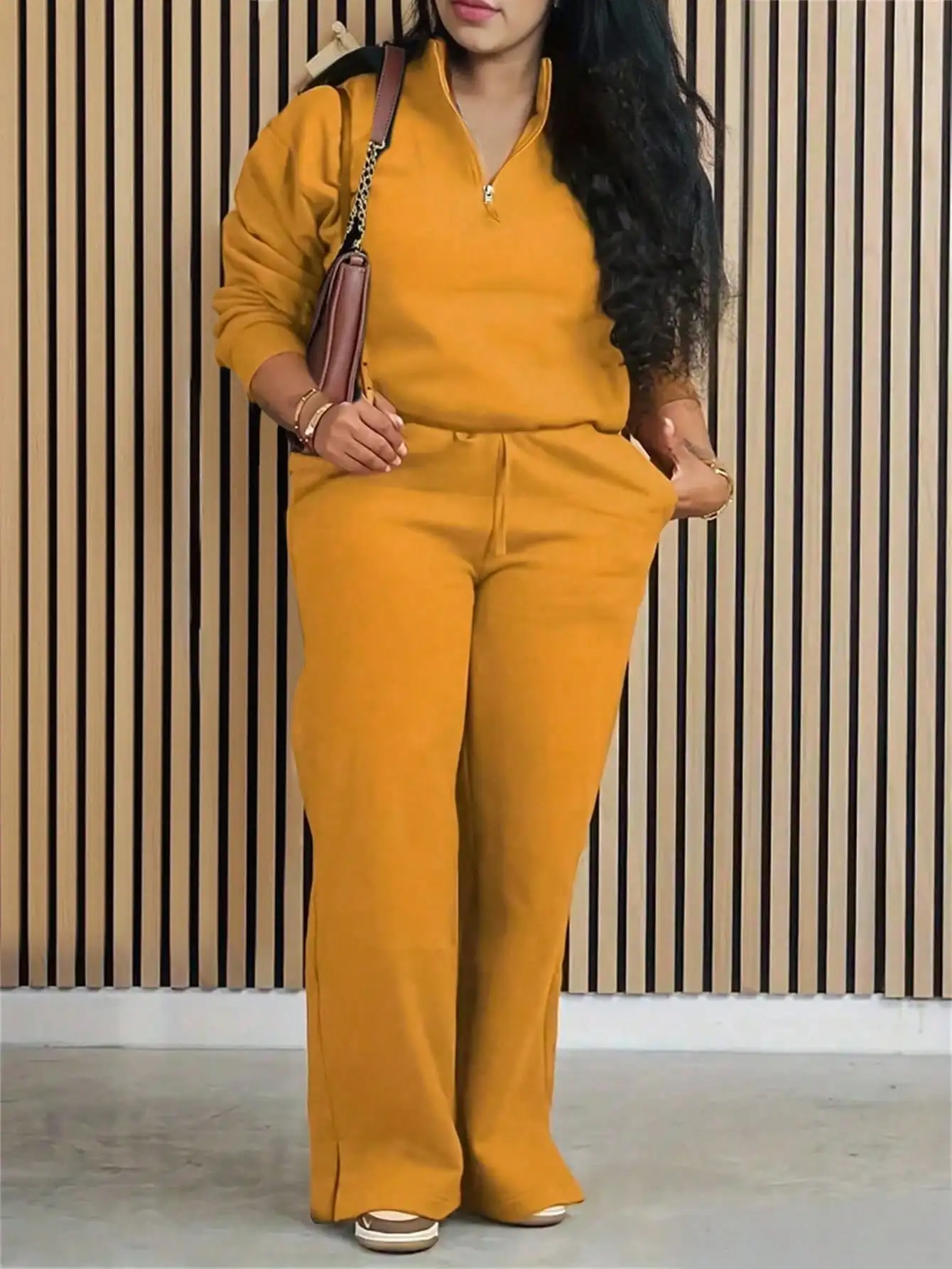 

Женский комплект: пуловер с короткой молнией и широкие брюки, горчично-желтый, повседневный осенний наряд