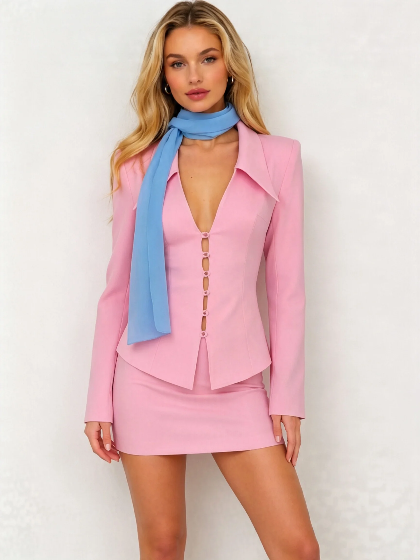 LIMO Deep V Cut Out Button Blazer Mini Skirt Two Piece Set Padded Shoulder Women Slim Formal Suit image 3