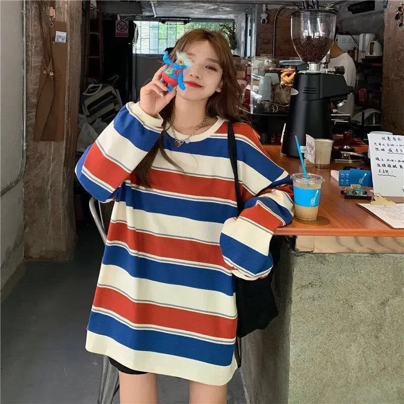 Women Sweatshirt Striped Thin Pullover T Shirt Harajuku Pullovers Korean Fashion Couples Matching Long Sleeve Tops Sweatshirt