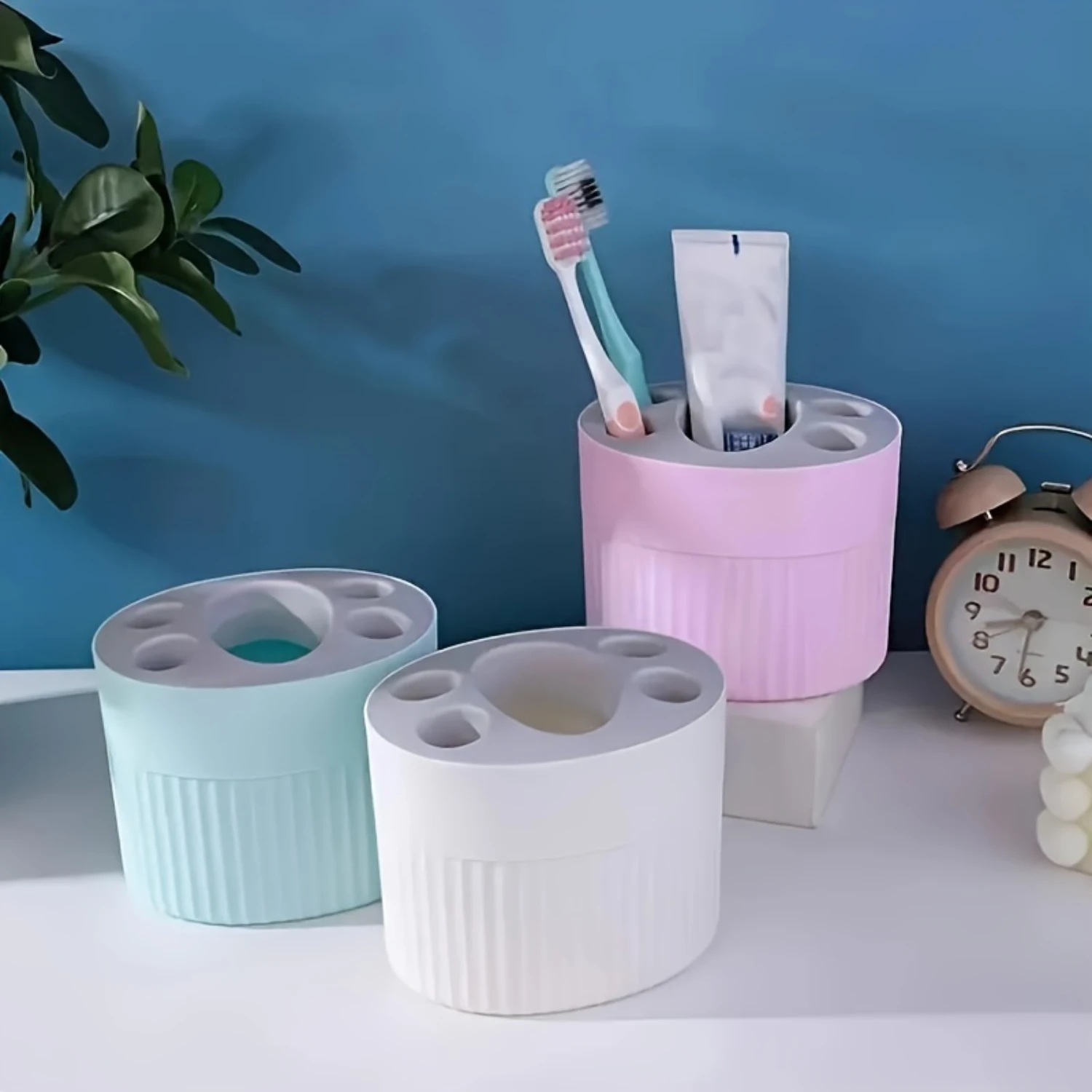 Plastic Toothbrush Holder - Multifunctional Bathroom Organizer for Counter, Makeup Brush & Toothpaste Rack