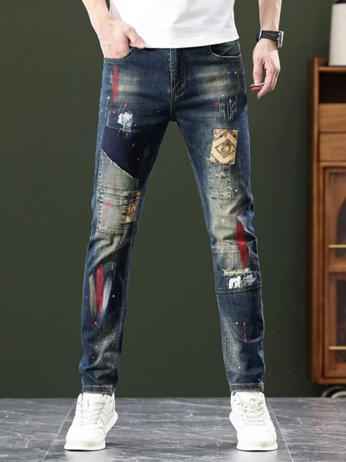 

Spring Autumn Men's Faion Slim Fit Paint Splatter Denim Jeans Trendy Design Casual Long Pants Cotton Stretch Wear Resistant