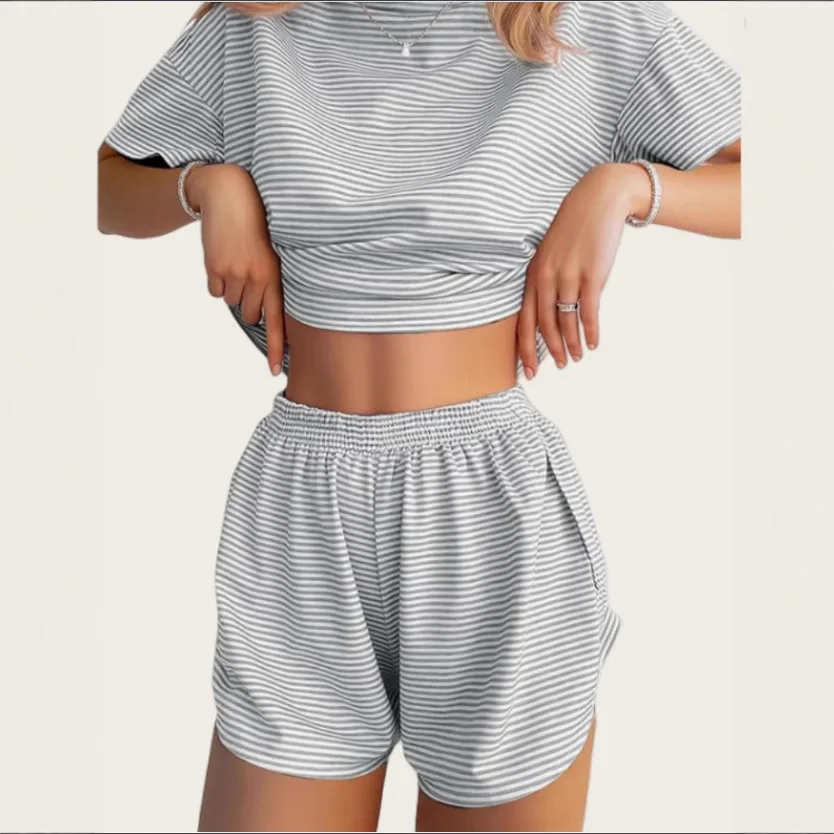 Women's Stripe Pajamas Set Short Sleeve T-Shirt And Shorts Sleepwear 2 Piece Set For Women Home Casual Loose Round Neck Pajamas