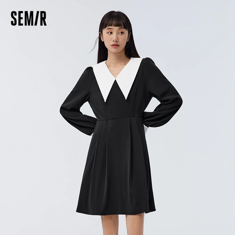 Semir Dress donna contrasto collo a punta abito plissettato francese elegante delicato primavera 2023 stile Hepburn temperamento manica a bolle