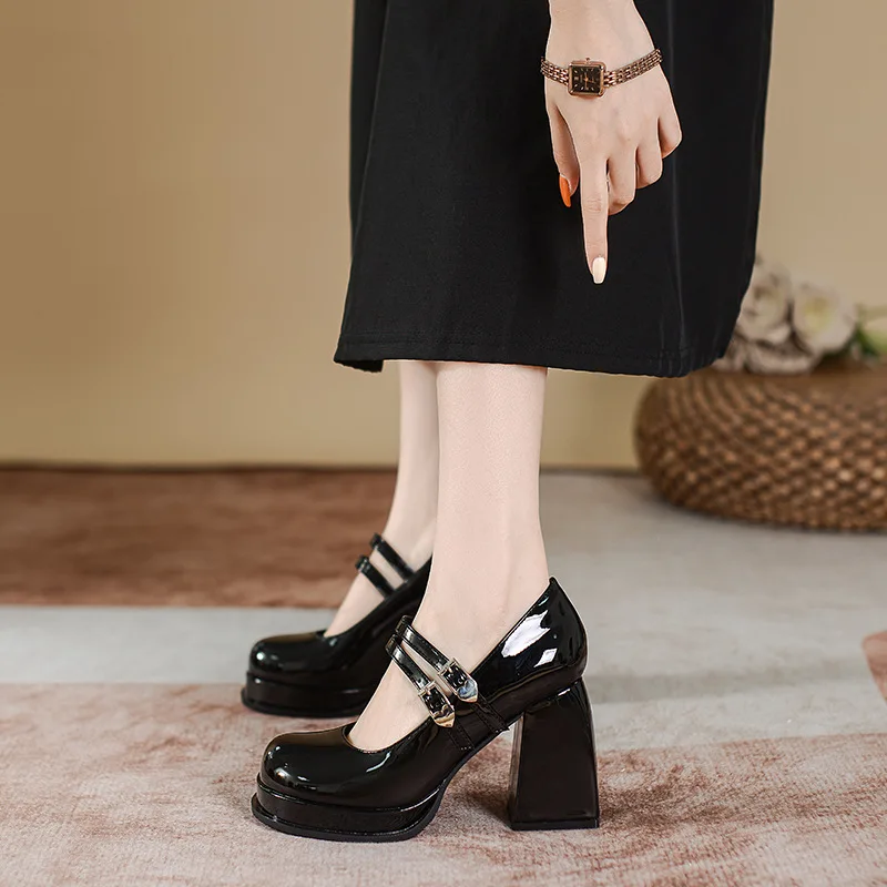 النمط الفرنسي ماري جين أحذية للنساء الربيع والخريف جولة تو منصة حذا فردي للسيدات مكتنزة براءات الاختراع والجلود عالية الكعب