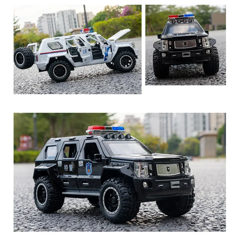 Modèle de voiture de police en alliage moulé sous pression, véhicules miniatures, portes ouvertes, son et lumière, dos côtelé, caoutchouc, jouets d'opathie, cadeau d'anniversaire pour garçon, 1:24